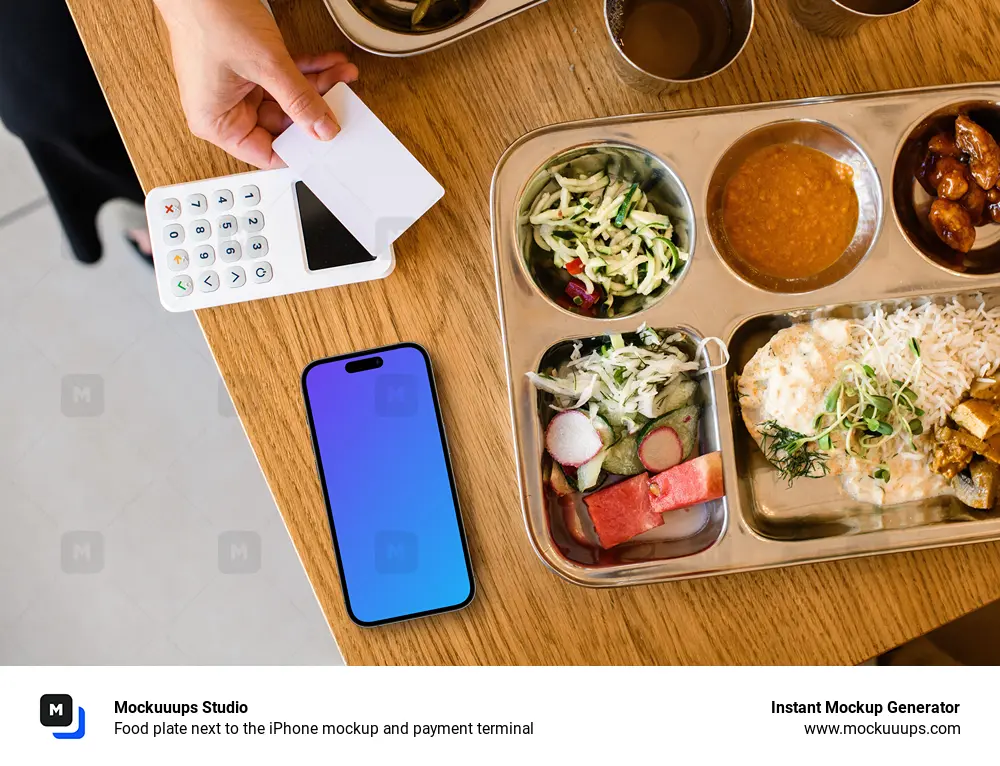 Food plate next to the iPhone mockup and payment terminal