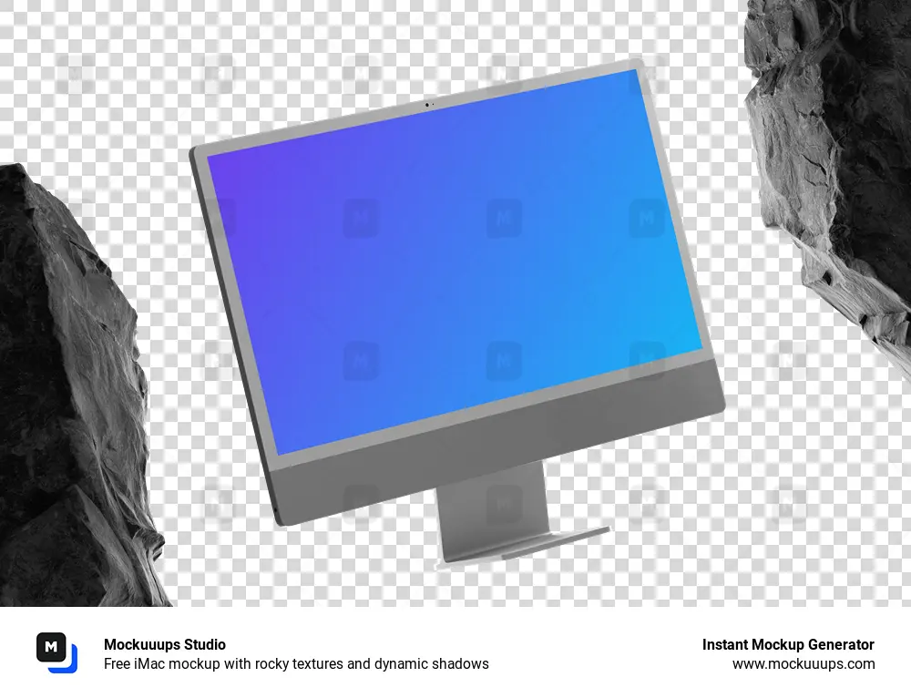 Free iMac mockup with rocky textures and dynamic shadows