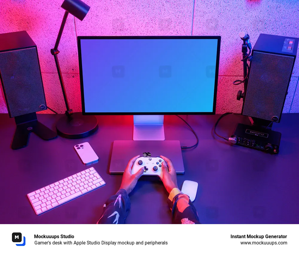 Gamer's desk with Apple Studio Display mockup and peripherals