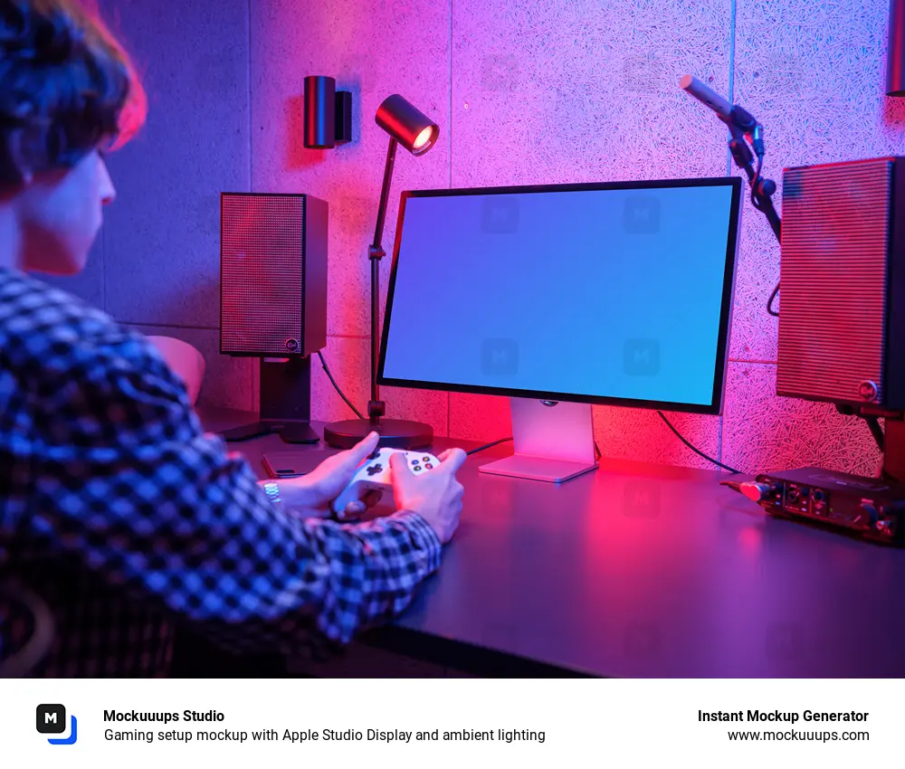 Gaming setup mockup with Apple Studio Display and ambient lighting