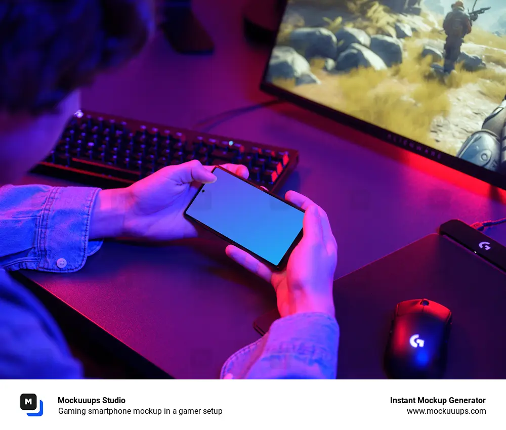 Gaming smartphone mockup in a gamer setup