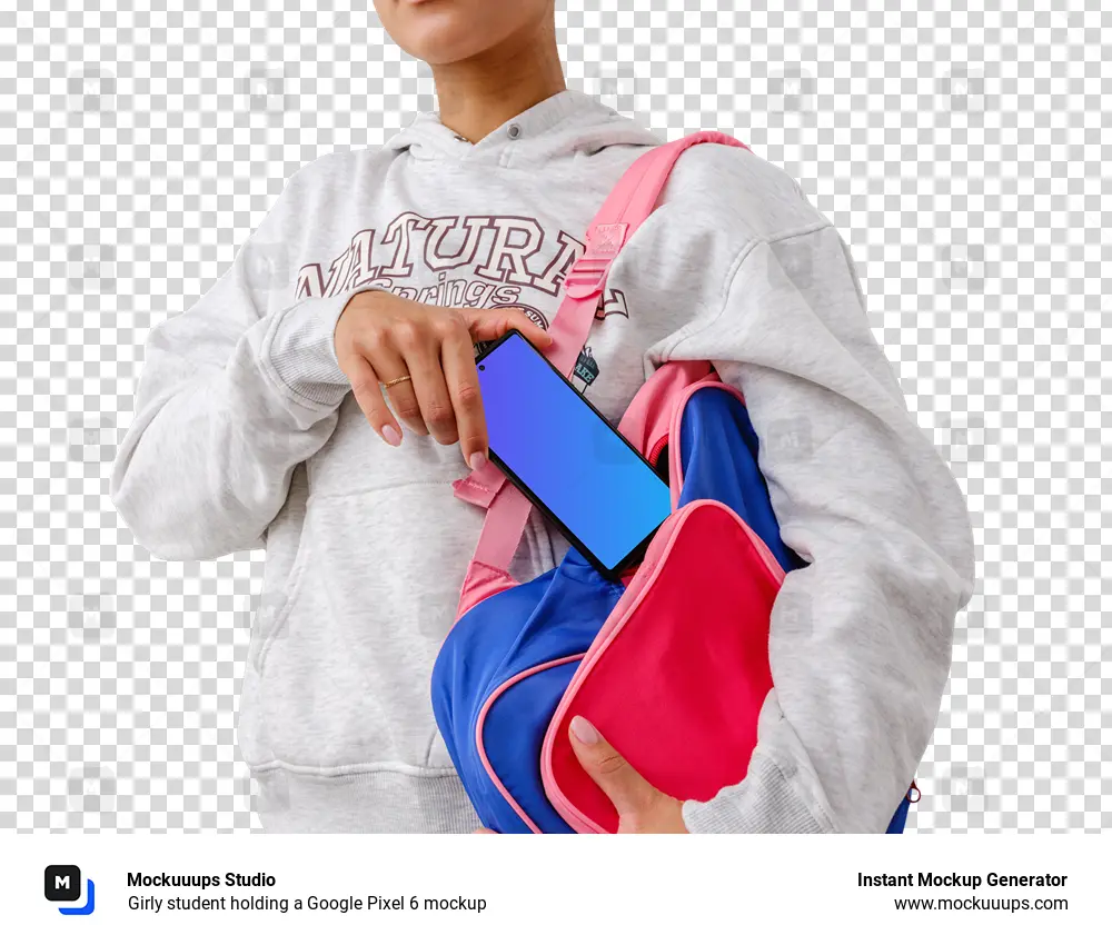 Girly student holding a Google Pixel 6 mockup