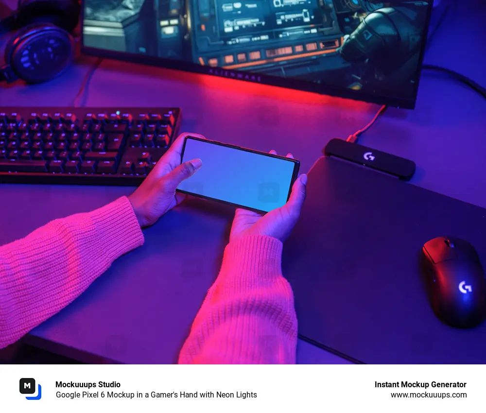 Google Pixel 6 Mockup in a Gamer's Hand with Neon Lights