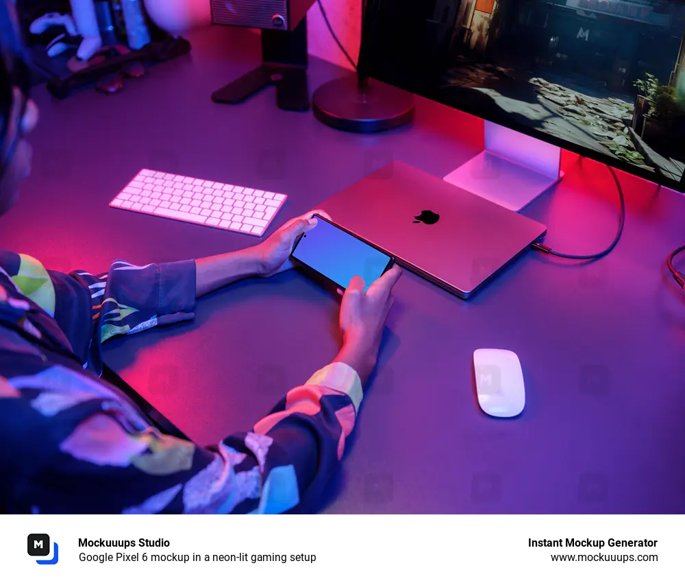 Google Pixel 6 mockup in a neon-lit gaming setup