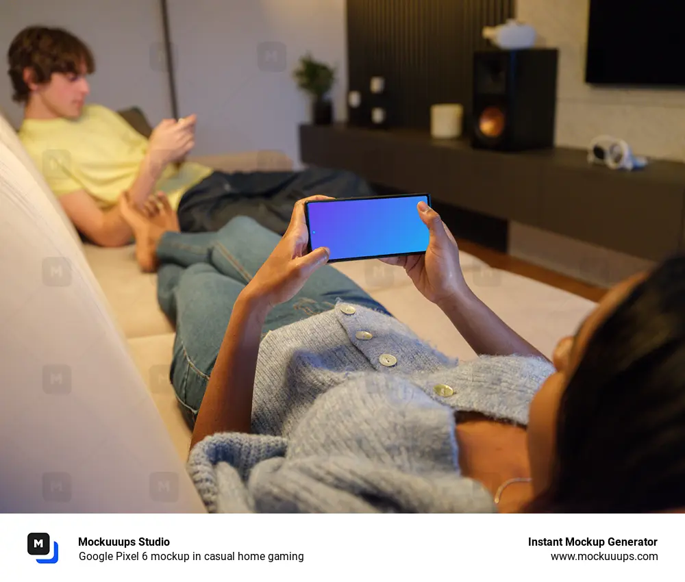 Google Pixel 6 mockup in casual home gaming