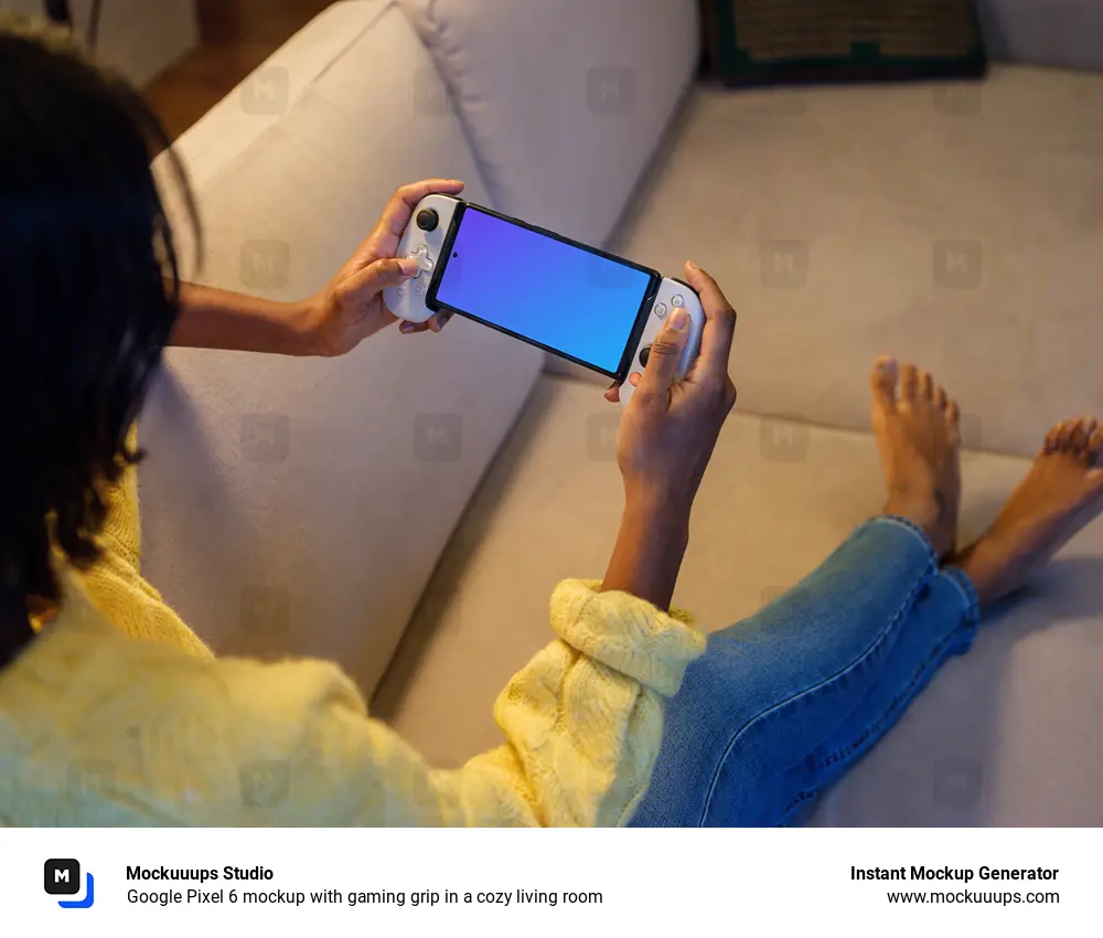 Google Pixel 6 mockup with gaming grip in a cozy living room
