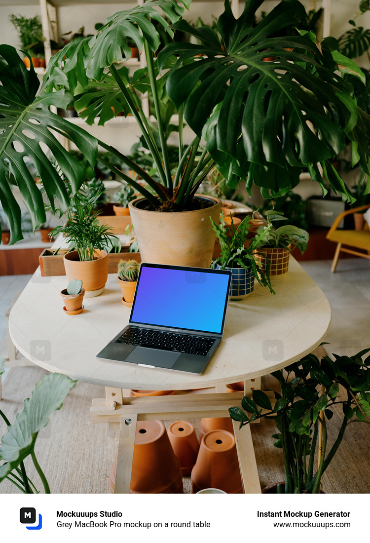 Grey MacBook Pro mockup on a round table