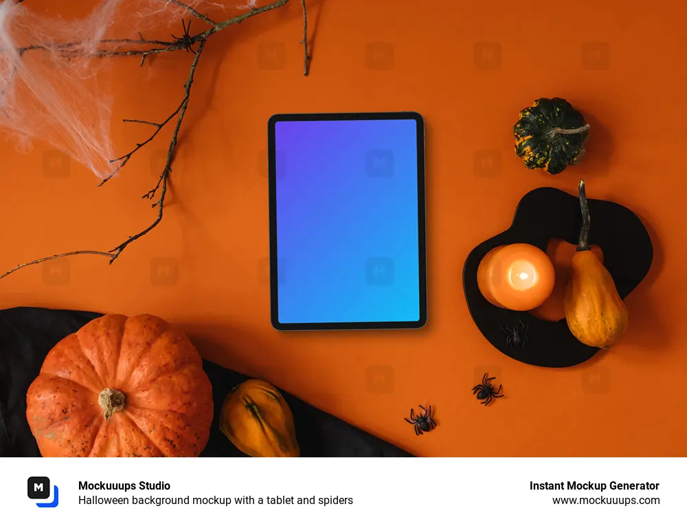 Halloween background mockup with a tablet and spiders