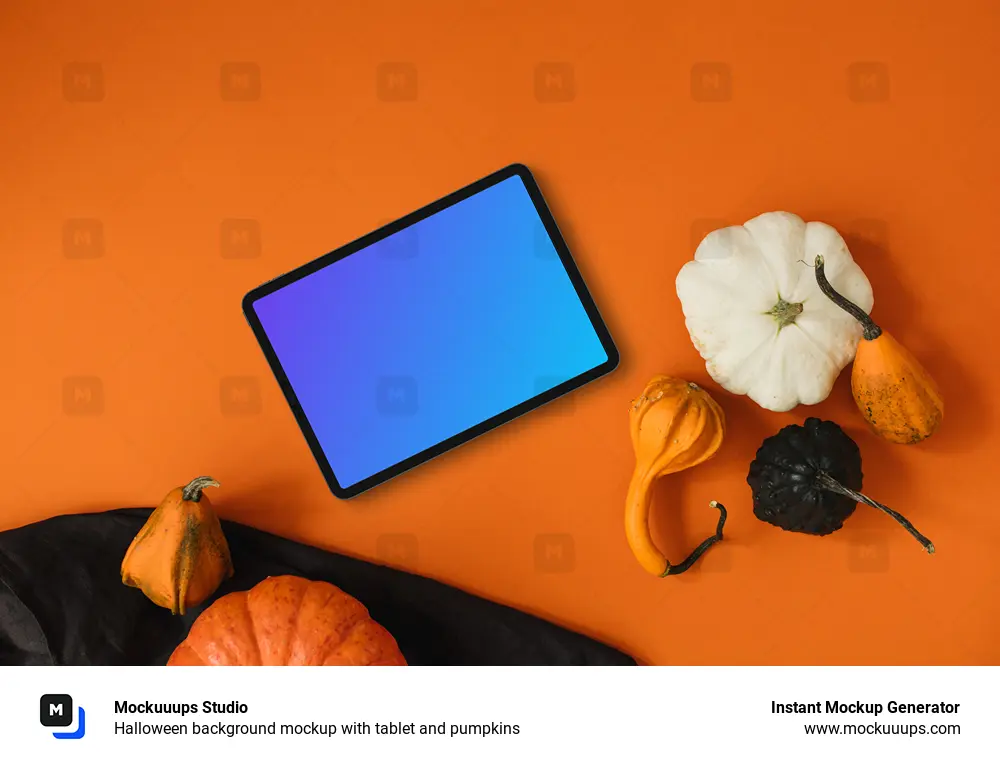 Halloween background mockup with tablet and pumpkins