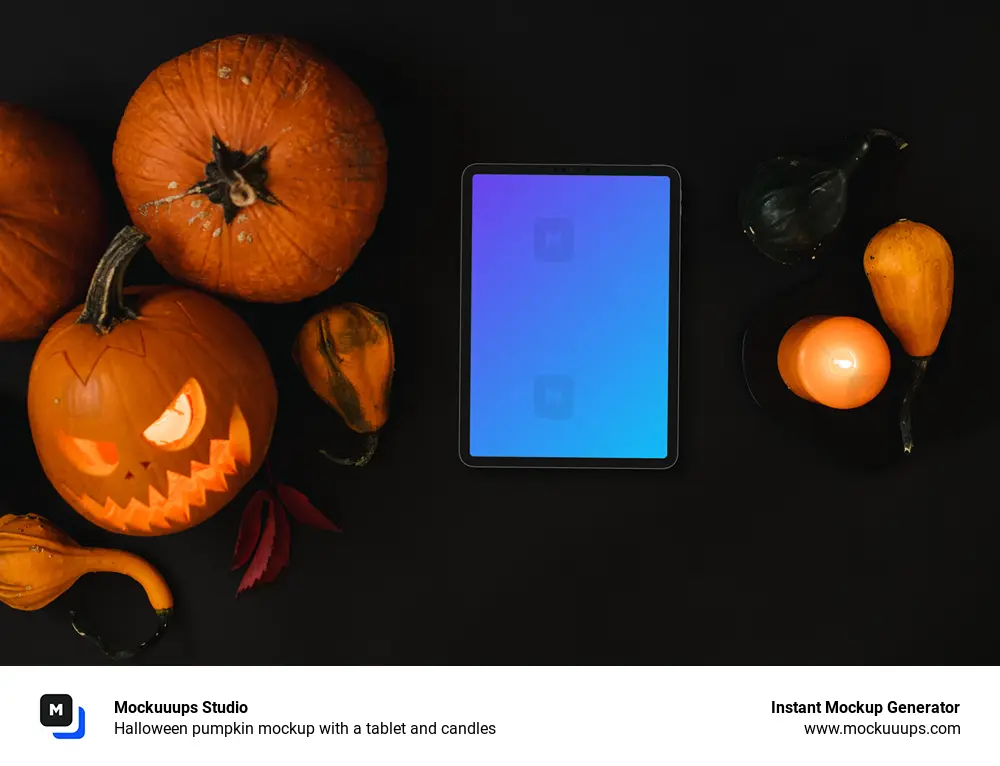 Halloween pumpkin mockup with a tablet and candles