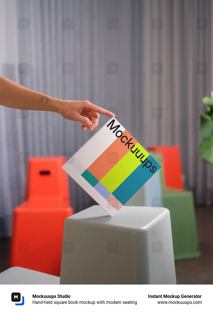 Hand-held square book mockup with modern seating