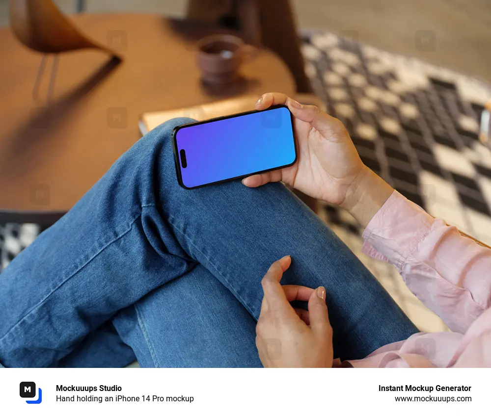 Hand holding an iPhone 14 Pro mockup