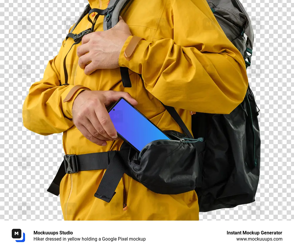 Hiker dressed in yellow holding a Google Pixel mockup