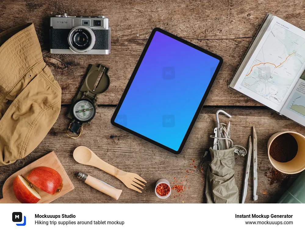 Hiking trip supplies around tablet mockup