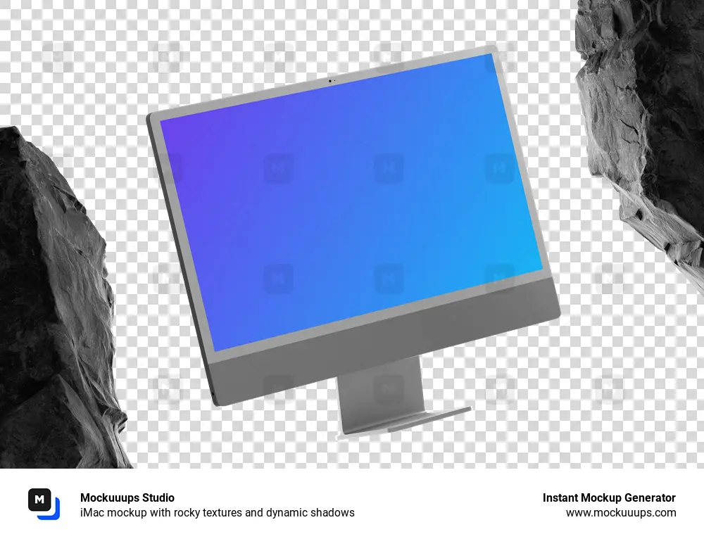 iMac mockup with rocky textures and dynamic shadows