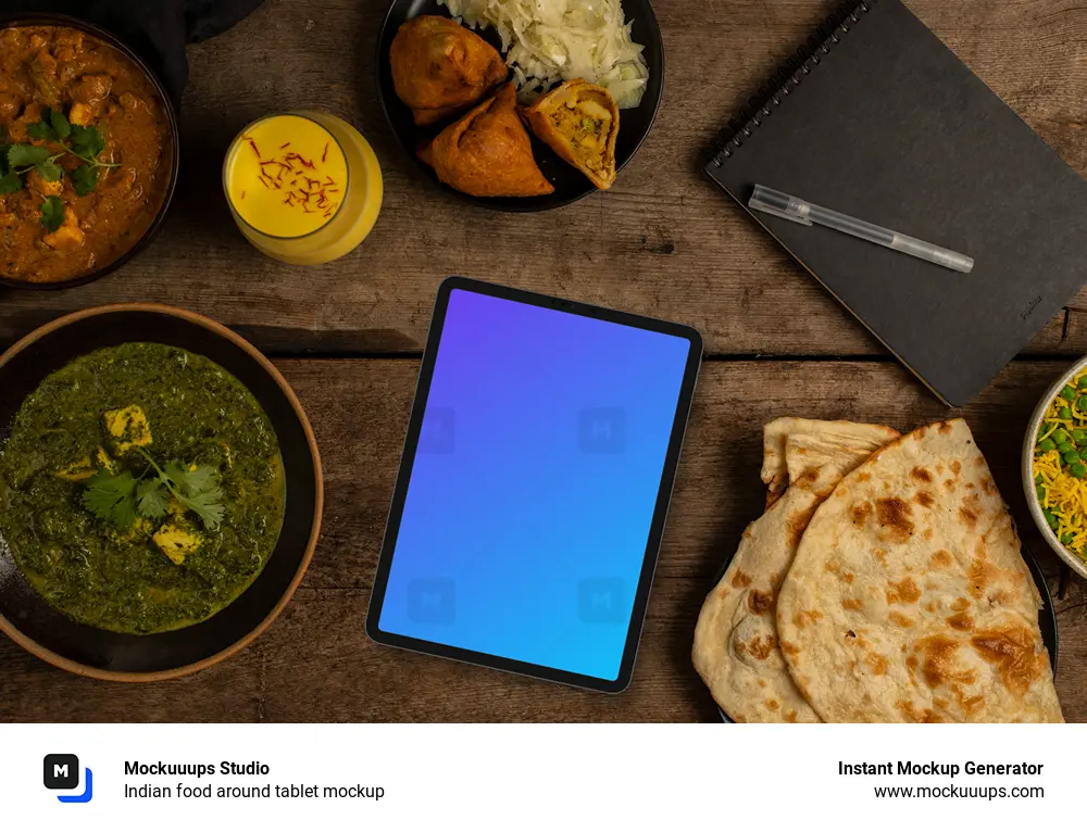 Indian food around tablet mockup