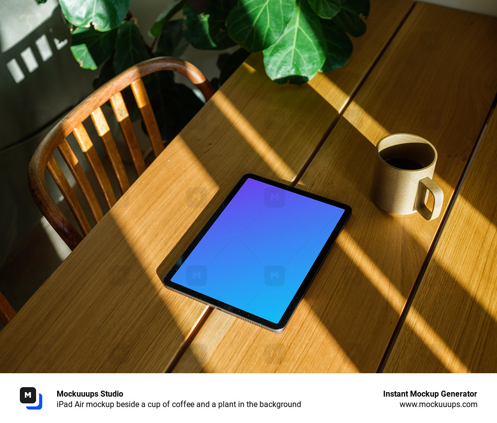 iPad Air mockup beside a cup of coffee and a plant in the background