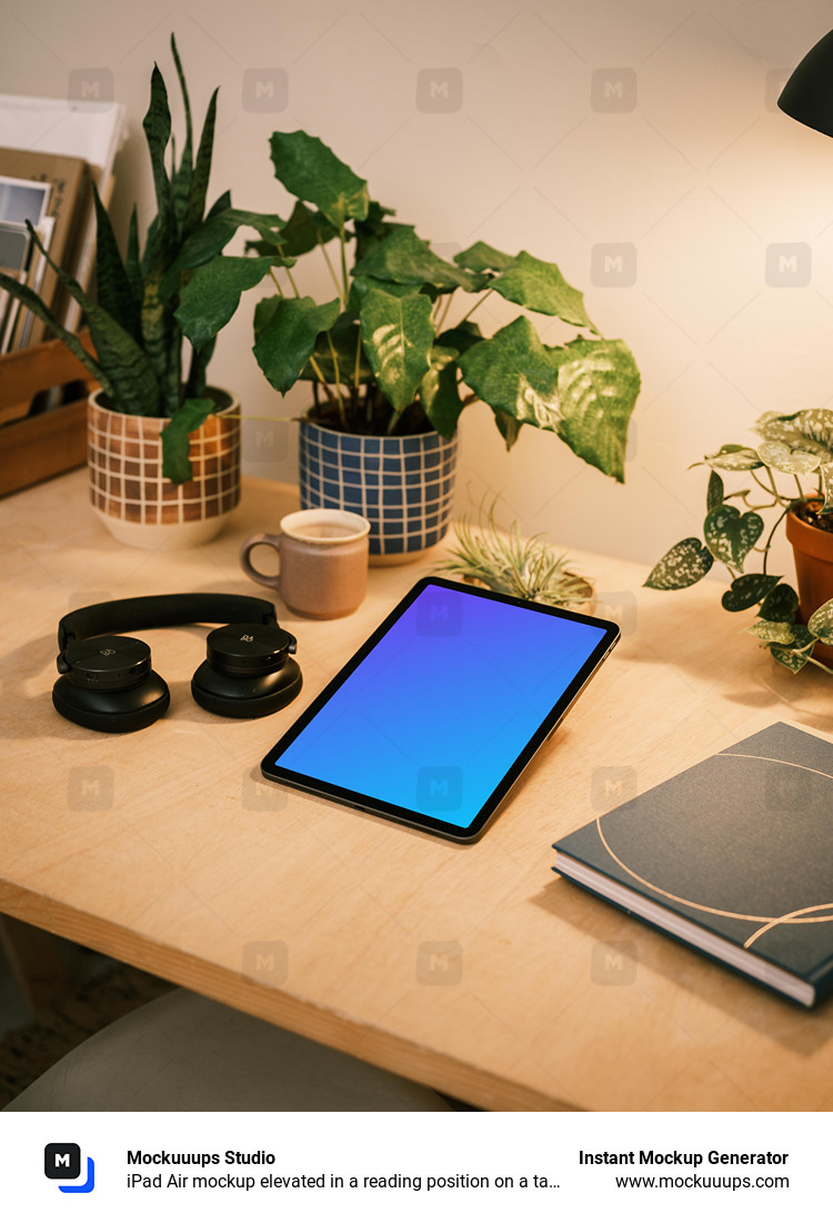 iPad Air mockup elevated in a reading position on a table