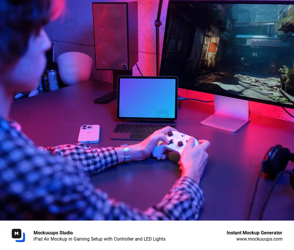 iPad Air Mockup in Gaming Setup with Controller and LED Lights