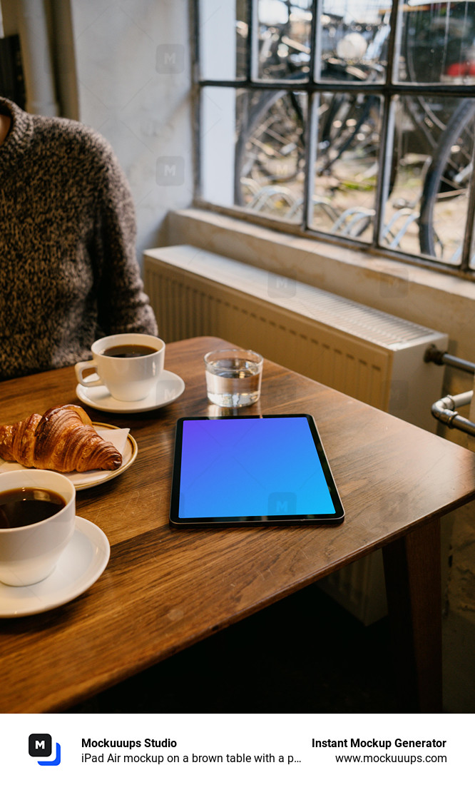 iPad Air mockup on a brown table with a plate of food at the side