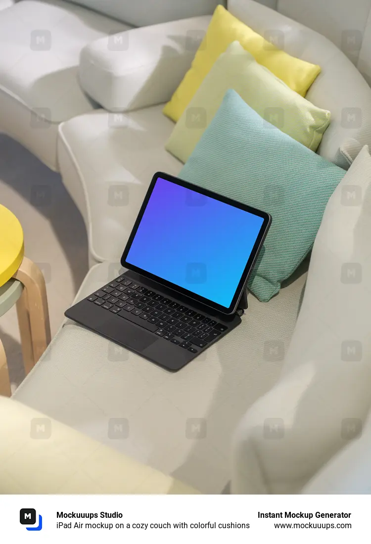 iPad Air mockup on a cozy couch with colorful cushions