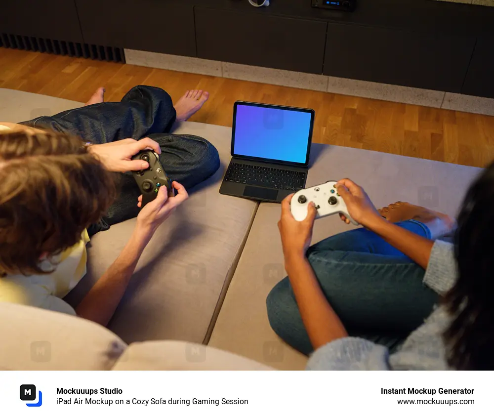 iPad Air Mockup on a Cozy Sofa during Gaming Session