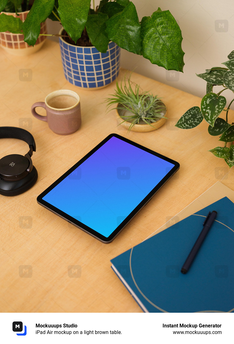 iPad Air mockup on a light brown table.