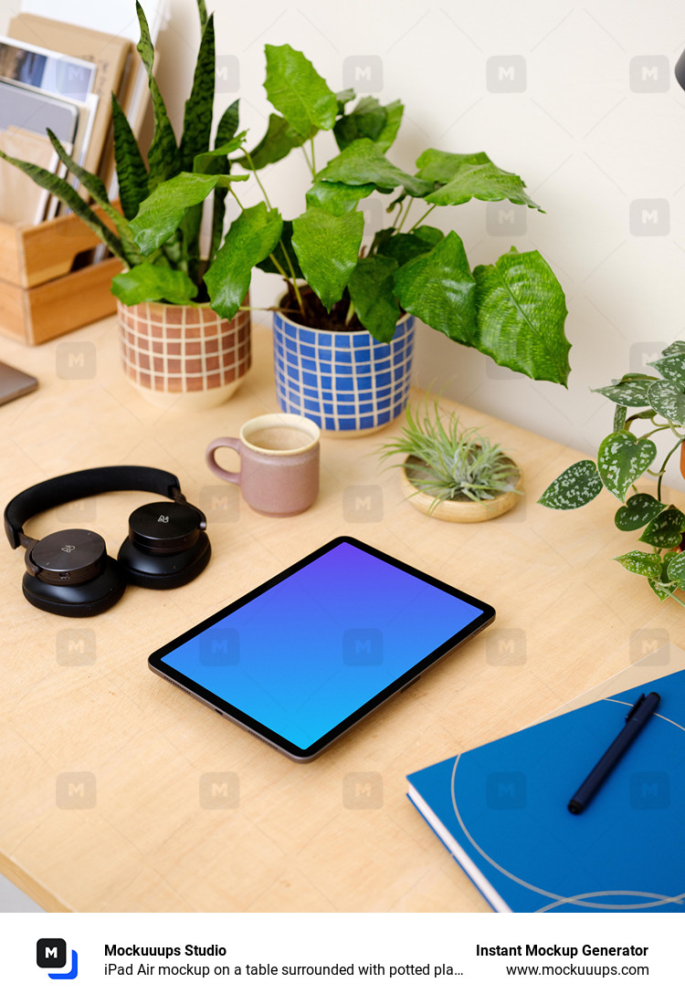 iPad Air mockup on a table surrounded with potted plants