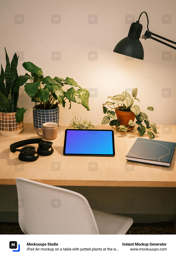iPad Air mockup on a table with potted plants at the side