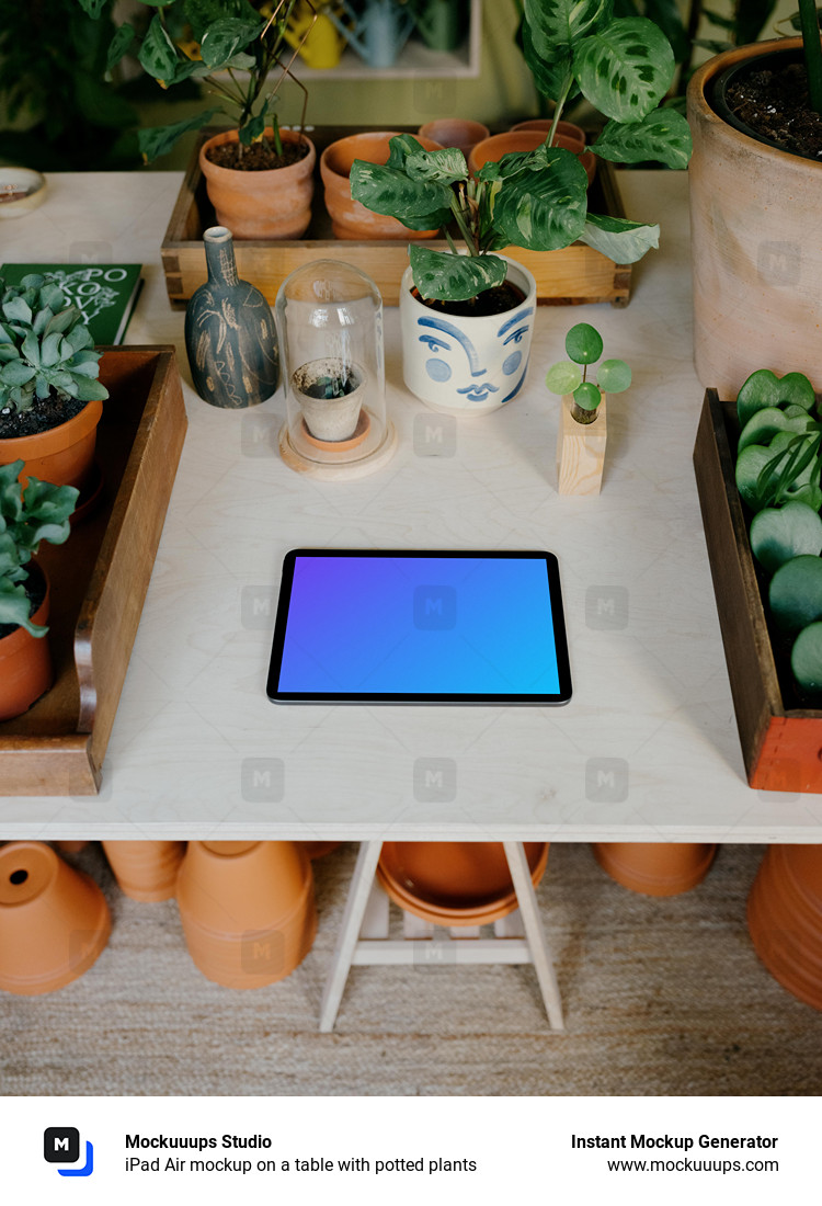 iPad Air mockup on a table with potted plants
