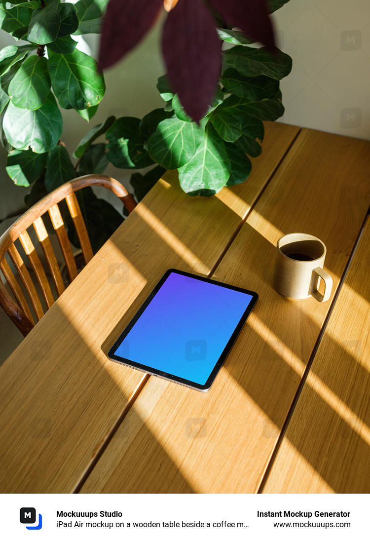 iPad Air mockup on a wooden table beside a coffee mug