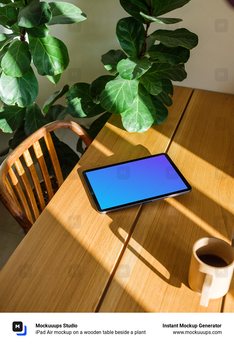 iPad Air mockup on a wooden table beside a plant