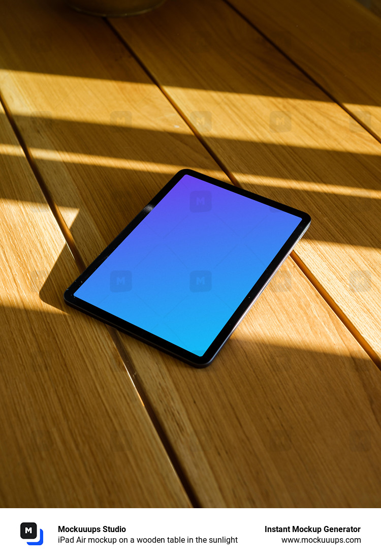 iPad Air mockup on a wooden table in the sunlight