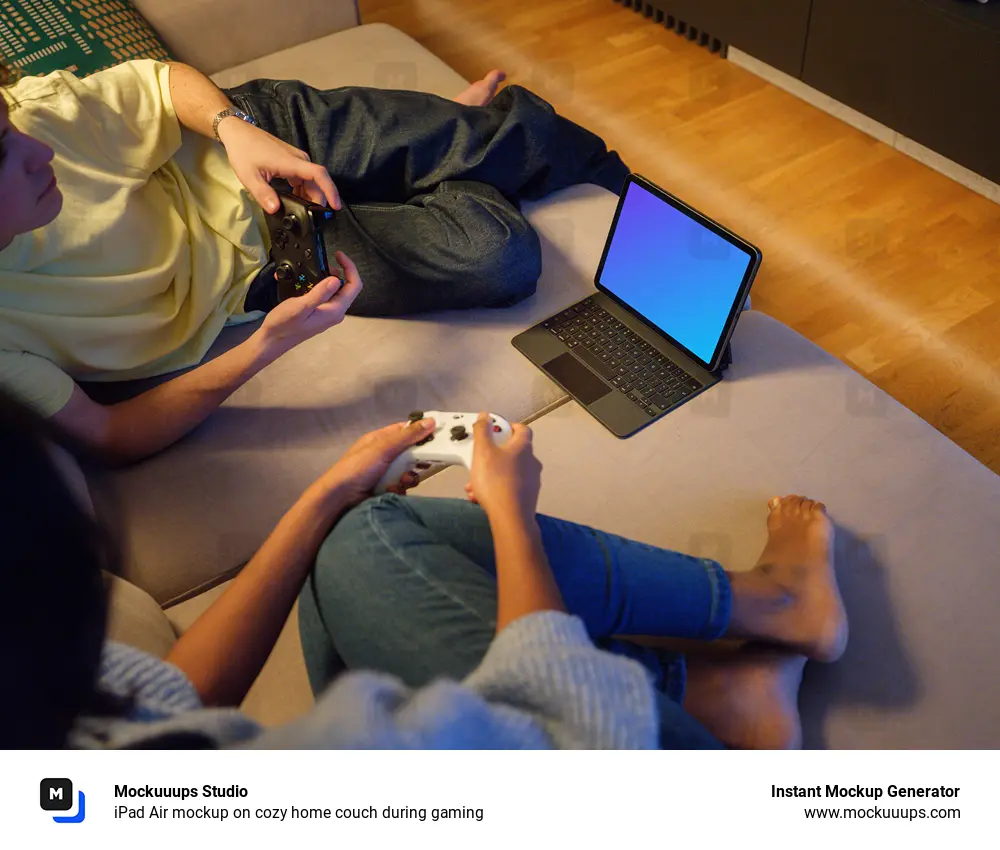 iPad Air mockup on cozy home couch during gaming