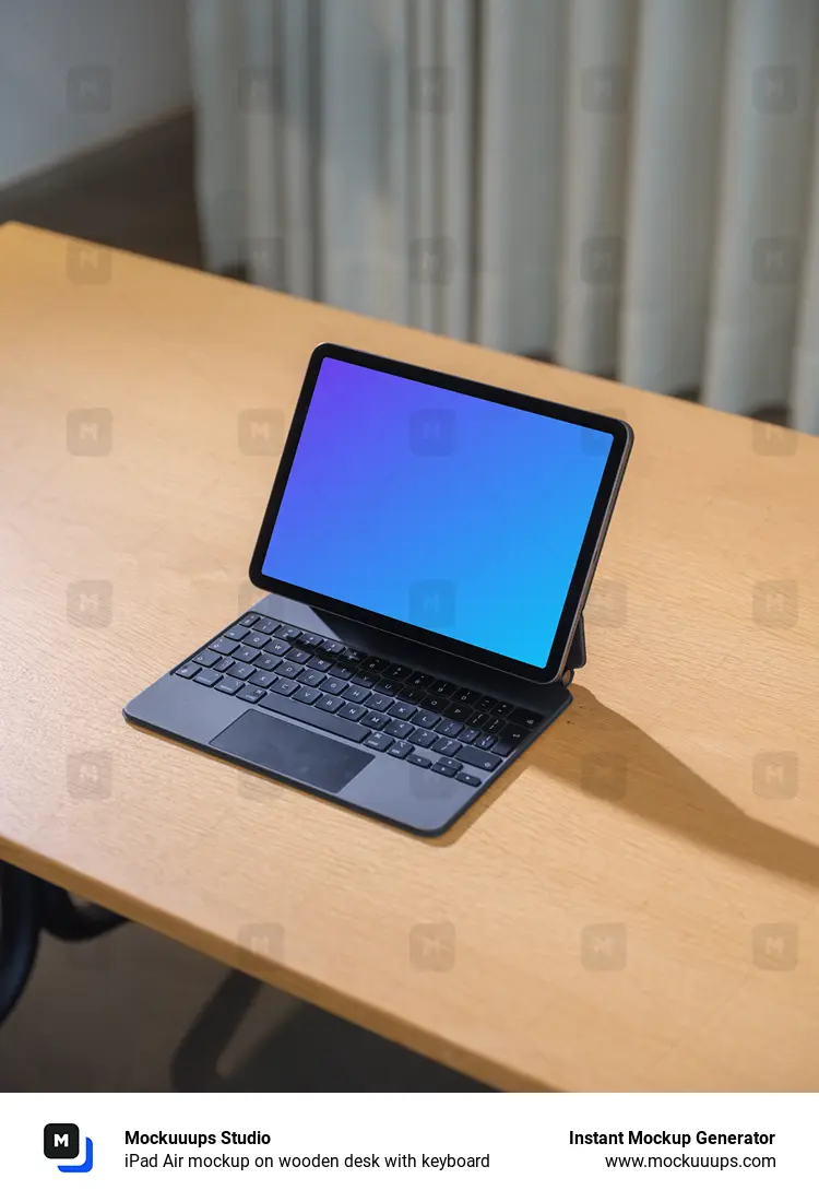 iPad Air mockup on wooden desk with keyboard