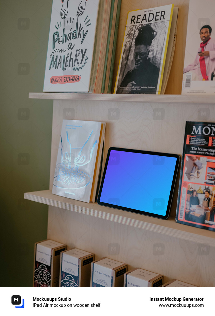 iPad Air mockup on wooden shelf