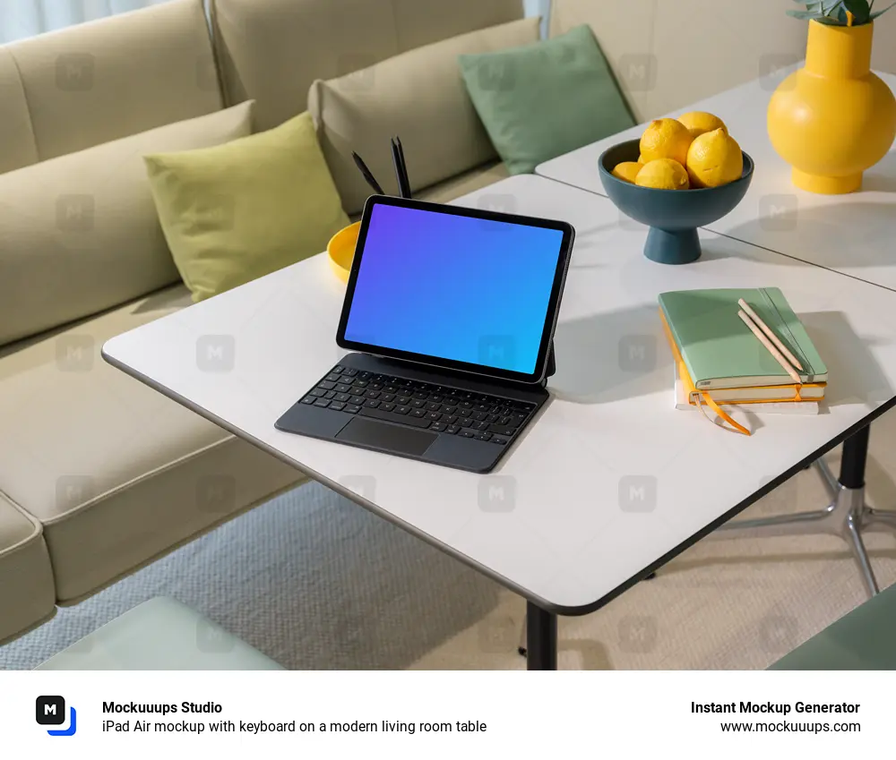 iPad Air mockup with keyboard on a modern living room table