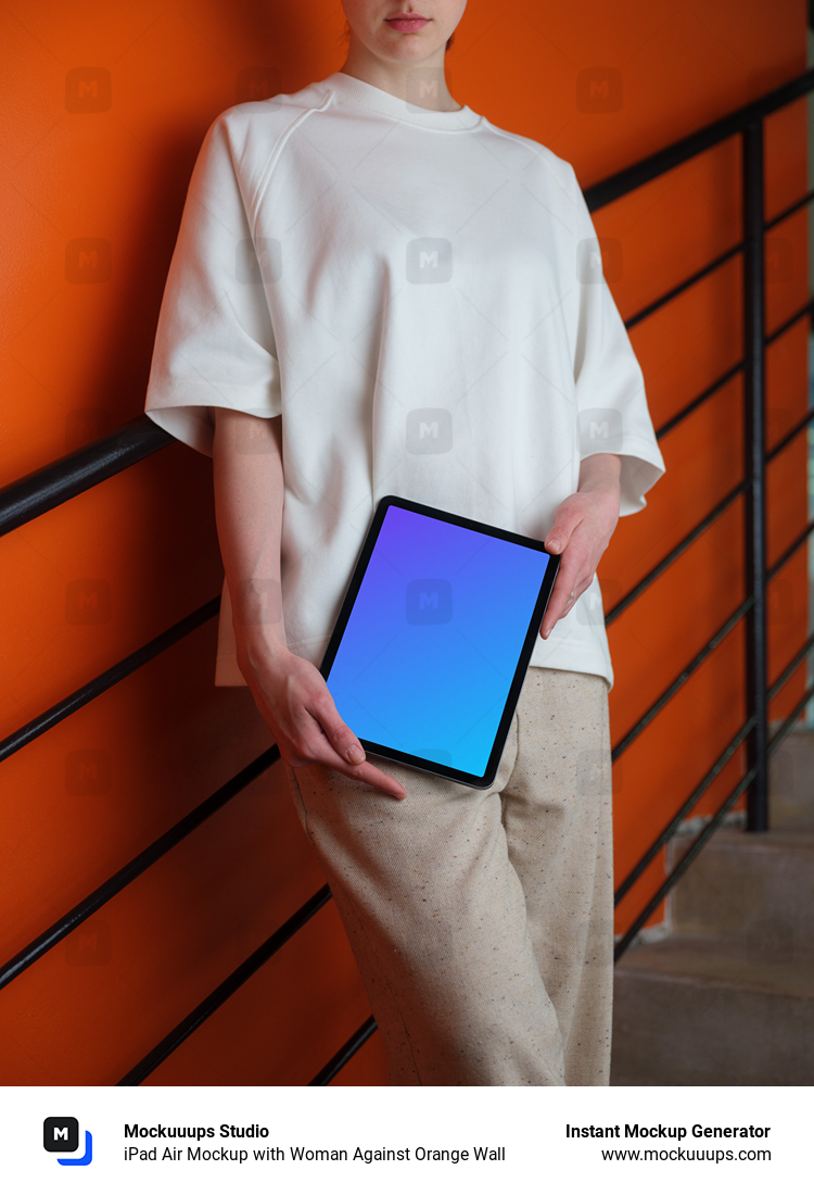 iPad Air Mockup with Woman Against Orange Wall