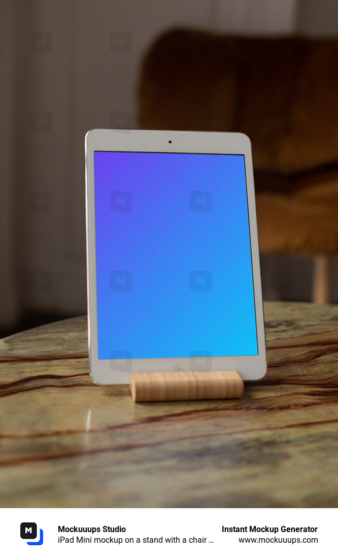 iPad Mini mockup on a stand with a chair in the background