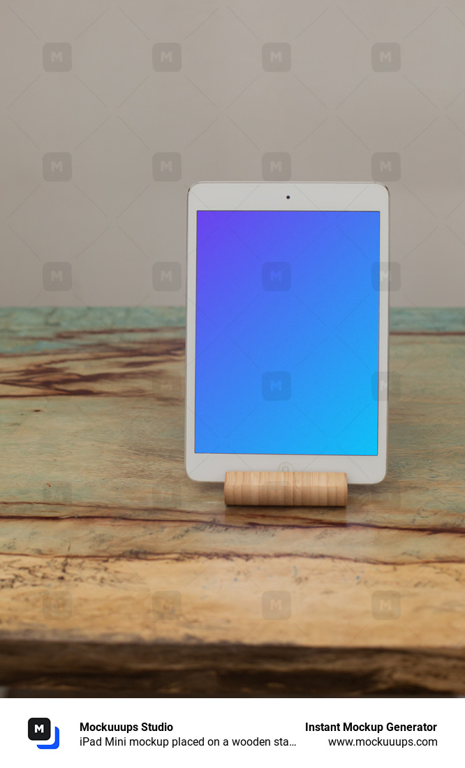 iPad Mini mockup placed on a wooden stand in potrait mode