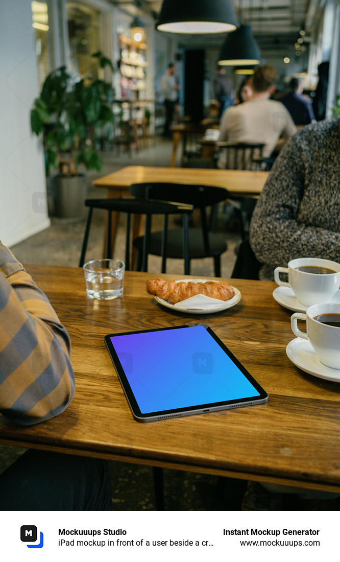 iPad mockup in front of a user beside a croissant