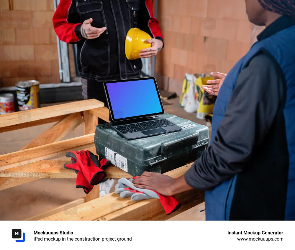 iPad mockup in the construction project ground