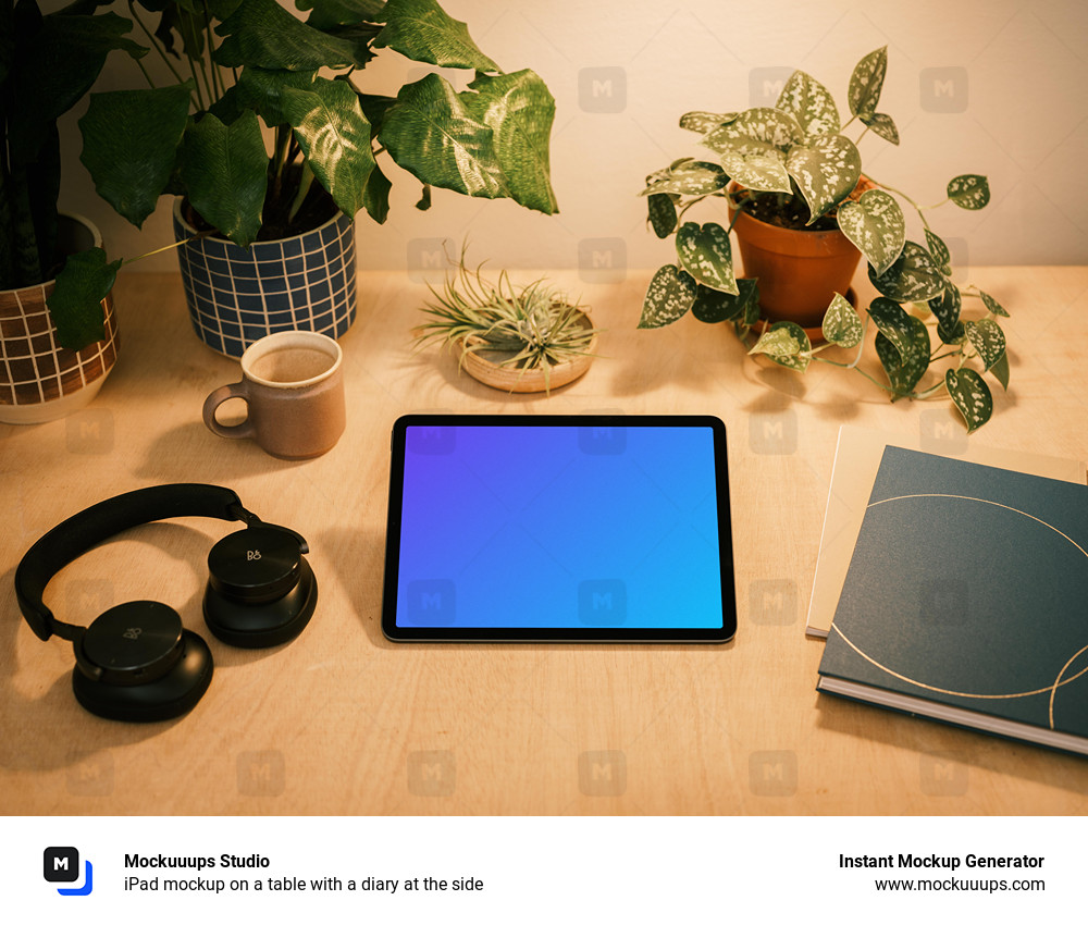 iPad mockup on a table with a diary at the side