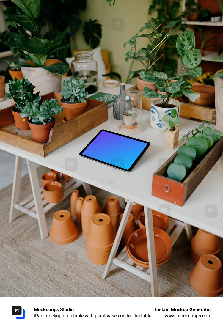 iPad mockup on a table with plant vases under the table