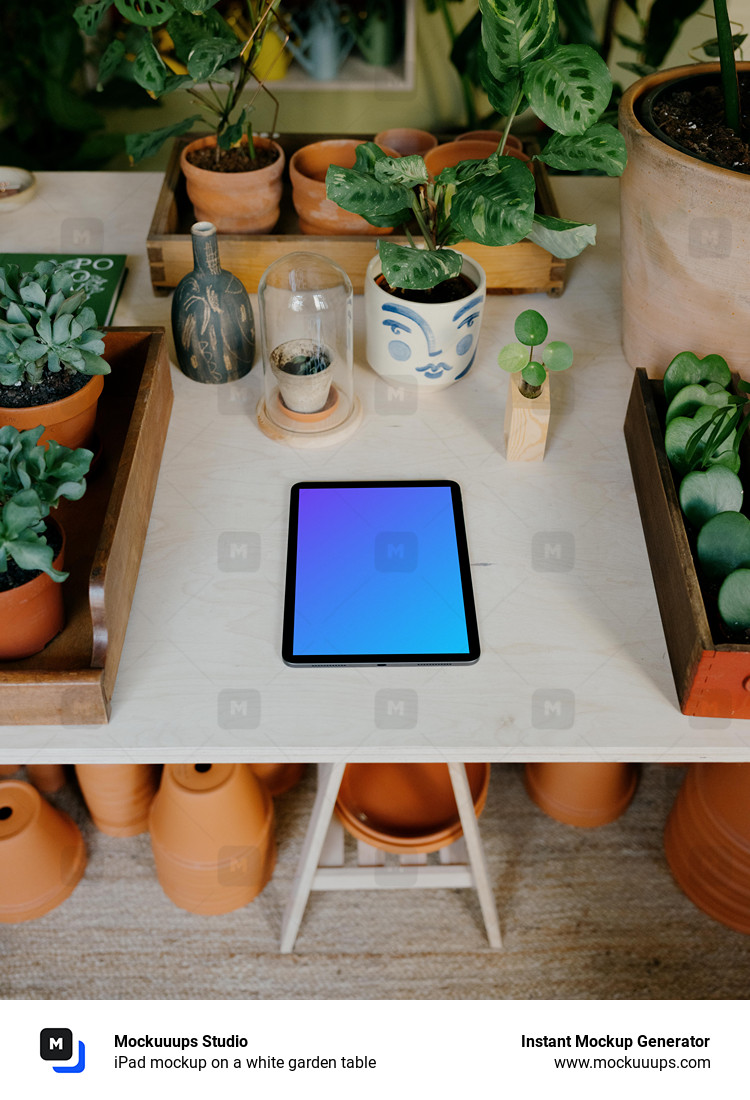 iPad mockup on a white garden table