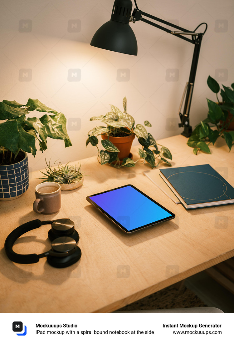 iPad mockup with a spiral bound notebook at the side