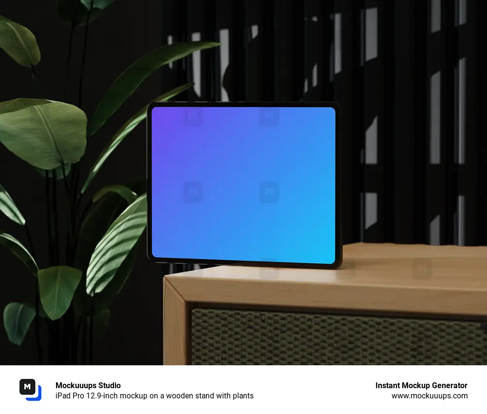 iPad Pro 12.9-inch mockup on a wooden stand with plants