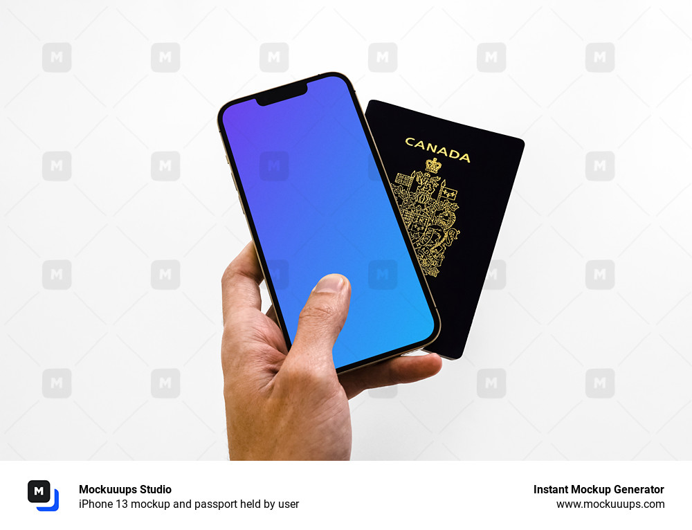 iPhone 13 mockup and passport held by user