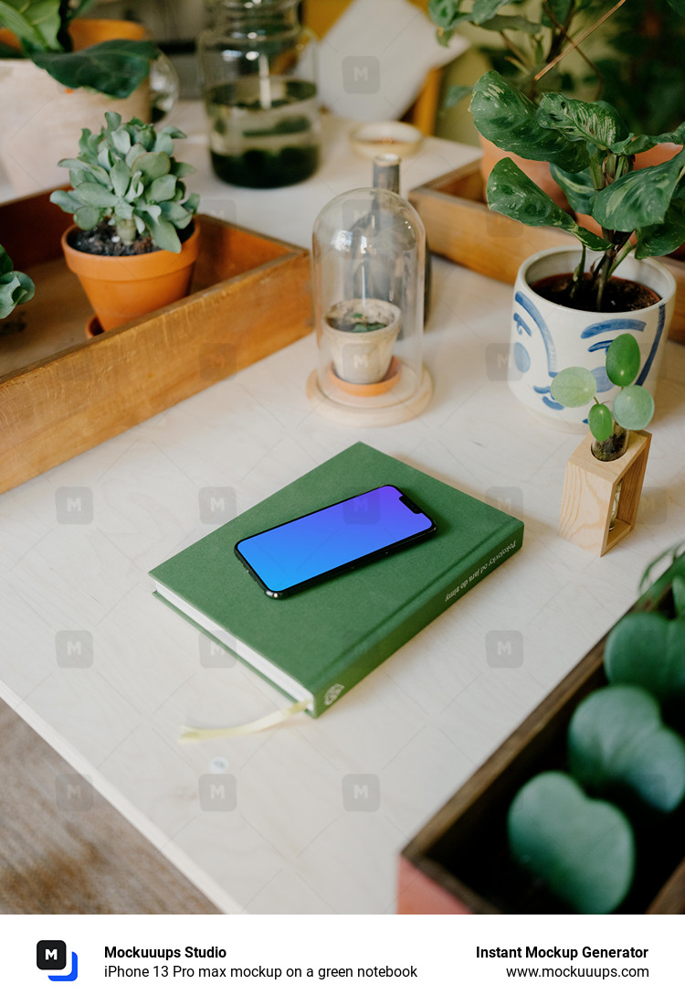 iPhone 13 Pro max mockup on a green notebook