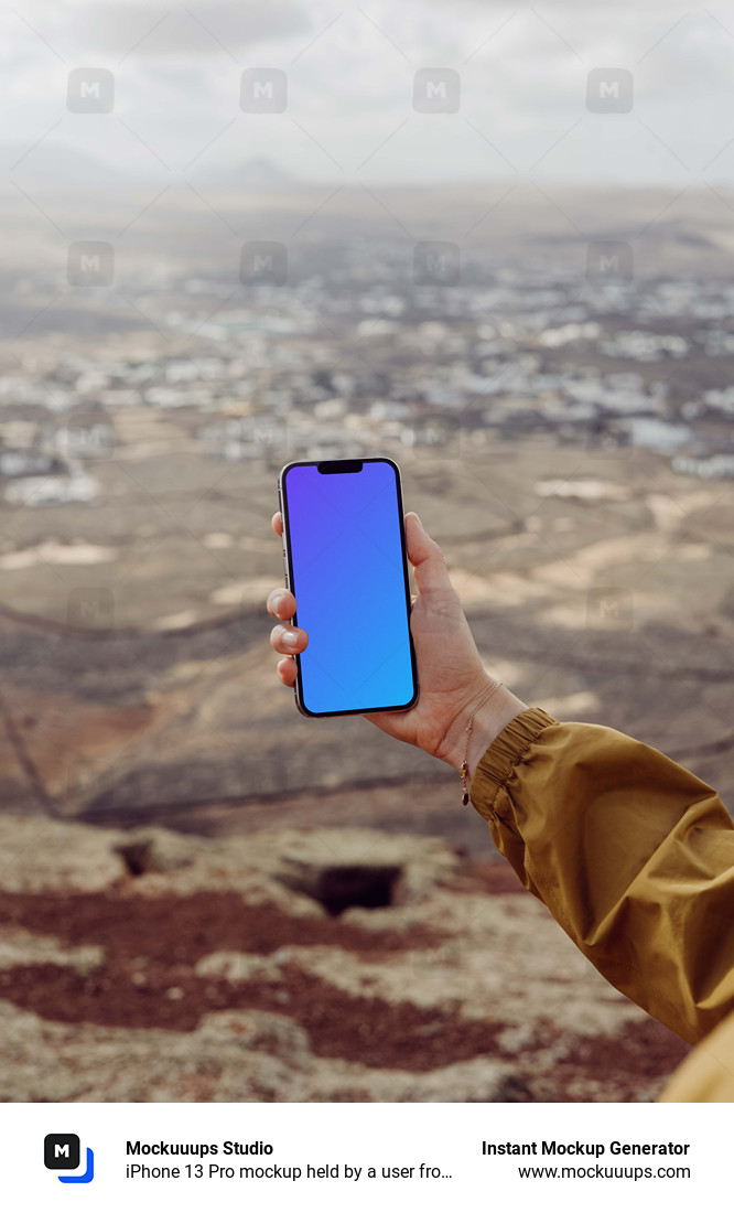  iPhone 13 Pro mockup held by a user from a high location.